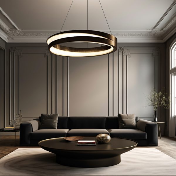 a living room with a modern lighting fixture, in the style of intricate minimalism, dark black and bronze, graceful curves, realistic portrayal of light and shadow, sustainable design, italianate flair, zen minimalism --v 5.2 Job ID: ae173b64-a97d-4d1a-86ee-1c29249db48b